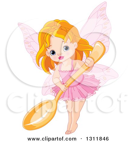 Clipart of a Cute Red Haired White Fairy Girl in Pink, Holding a Giant Spoon - Royalty Free Vector Illustration by Pushkin