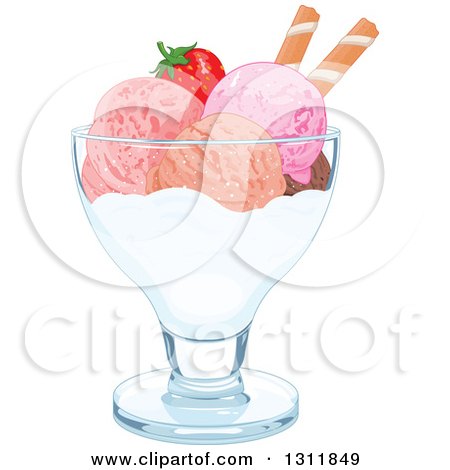 Clipart of a Scoops of Ice Cream with a Strawberry and Piroette Wafers in a Bowl - Royalty Free Vector Illustration by Pushkin
