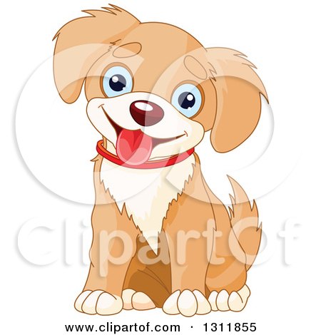 Clipart of a Cute Tan and Beige Baby Puppy Dog with Blue Eyes, Sitting and Panting - Royalty Free Vector Illustration by Pushkin
