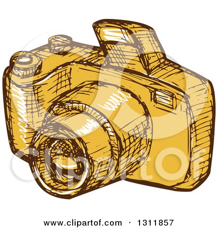 Clipart of a Sketched Digital Camera in Yellow and Brown - Royalty Free Vector Illustration by patrimonio