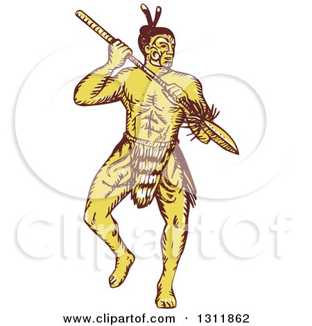 Clipart of a Sketched Yellow Maori Warrior Holding a Taiaha and Doing a War Dance - Royalty Free Vector Illustration by patrimonio