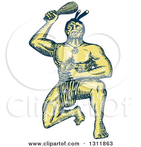 Clipart of a Sketched Blue and Yellow Maori Warrior Kneeling and Holding a Patu - Royalty Free Vector Illustration by patrimonio