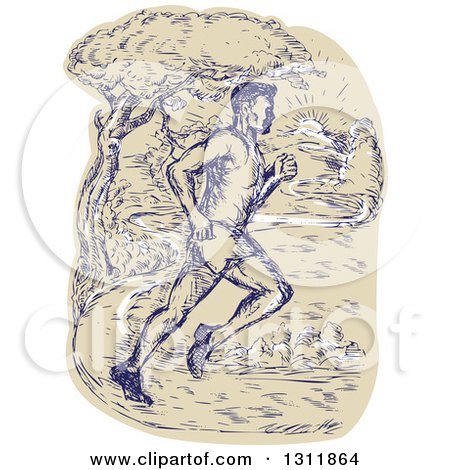 Clipart of a Sketched Male Marathon Runner on a Park Path - Royalty Free Vector Illustration by patrimonio