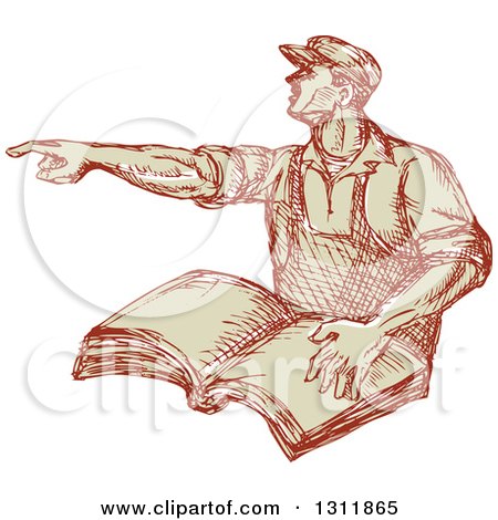 Clipart of a Sketched Union Worker Man Pointing and Holding a Book - Royalty Free Vector Illustration by patrimonio