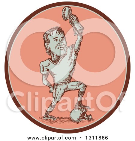Clipart of a Sketched American Football Player Resting a Foot on a Helmet and Holding up a Trophy in a Pink Oval - Royalty Free Vector Illustration by patrimonio