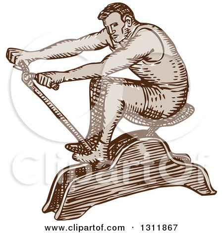 Clipart of a Sketched Male Athlete Exercising on a Rowing Machine - Royalty Free Vector Illustration by patrimonio