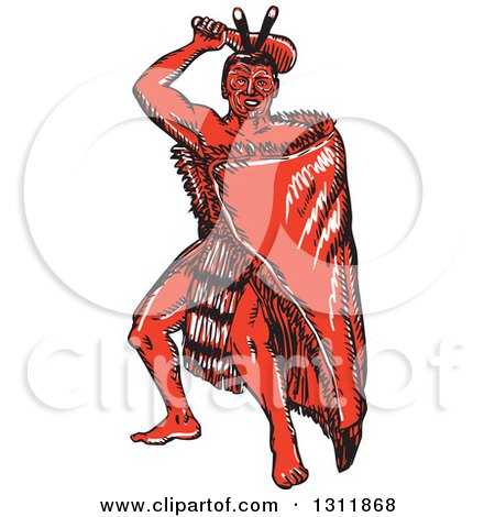 Clipart of a Sketched Red Maori Chief War Dancing with a Taiaha - Royalty Free Vector Illustration by patrimonio