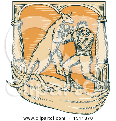 Clipart of a Sketched Retro Male Boxer Fighting a Kangaroo - Royalty Free Vector Illustration by patrimonio