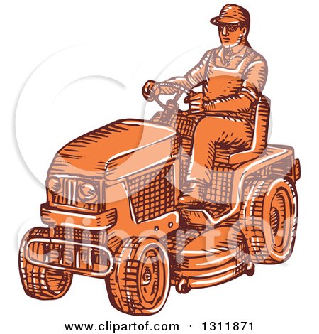 Clipart of a Sketched Orange Man Driving a Ride on Mower - Royalty Free Vector Illustration by patrimonio