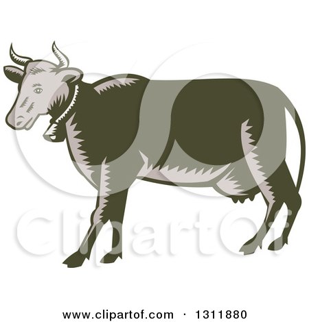 Clipart of a Retro Woodcut Dairy Cow Wearing a Bell and Facing Left - Royalty Free Vector Illustration by patrimonio