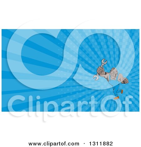 Clipart of a Cartoon Tough Gorilla Mechanic Man Punching with a Wrench and Blue Rays Background or Business Card Design - Royalty Free Illustration by patrimonio