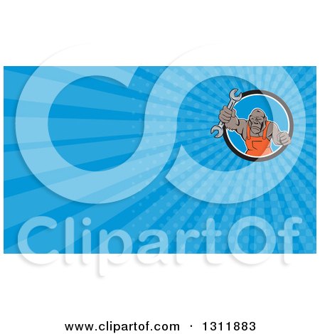 Clipart of a Cartoon Tough Gorilla Mechanic Man in a Circle, Punching with a Wrench and Blue Rays Background or Business Card Design - Royalty Free Illustration by patrimonio
