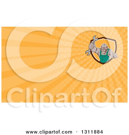 Clipart of a Cartoon Tough Gorilla Mechanic Man Punching with a Wrench and Orange Rays Background or Business Card Design - Royalty Free Illustration by patrimonio