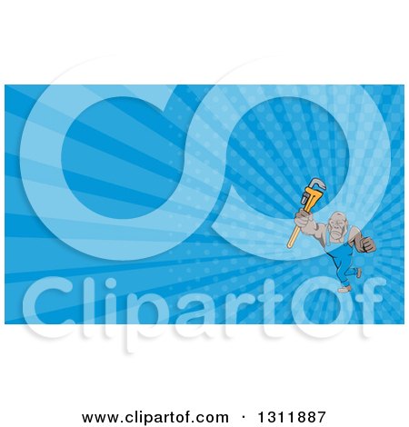 Clipart of a Cartoon Tough Gorilla Plumber Man Punching with a Monkey Wrench and Blue Rays Background or Business Card Design - Royalty Free Illustration by patrimonio
