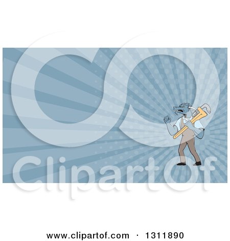 Clipart of a Cartoon Dragon Man Plumber Holding a Monkey Wrench and Doing a Fist Pump and Blue Rays Background or Business Card Design - Royalty Free Illustration by patrimonio