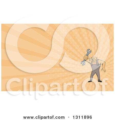 Clipart of a Cartoon Bulldog Mechanic Holding out a Wrench and Pastel Orange Rays Background or Business Card Design - Royalty Free Illustration by patrimonio