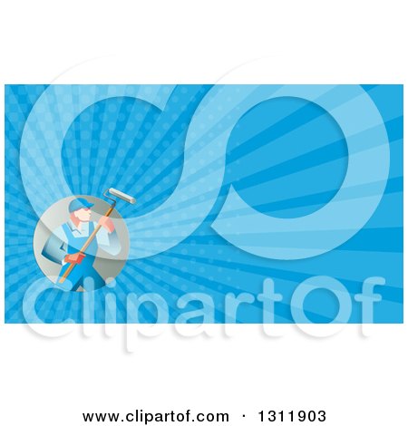 Clipart of a Retro Male House Painter in Overalls, Holding a Roller Brush and Blue Rays Background or Business Card Design - Royalty Free Illustration by patrimonio