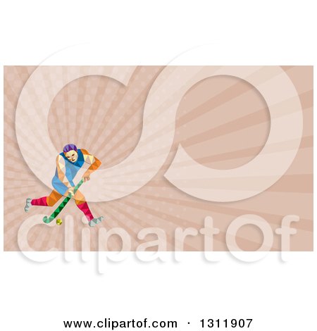 Clipart of a Retro Geometric Low Poly Man Playing Field Hockey and Pink Rays Background or Business Card Design - Royalty Free Illustration by patrimonio