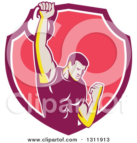 Clipart of a Retro Male Bodybuilder Lifting a Kettlebell and Emerging from a Pink and White Shield - Royalty Free Vector Illustration by patrimonio