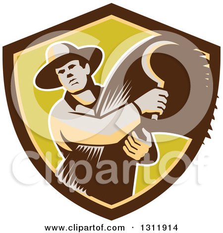 Clipart of a Retro Male Farmer Holding a Scythe and Harvested Wheat in Brown and Green Shield - Royalty Free Vector Illustration by patrimonio
