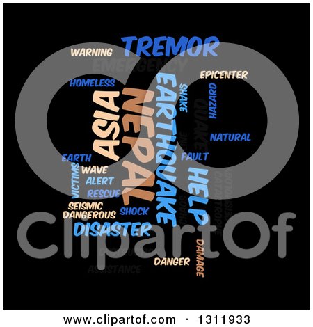 Clipart of a Tan and Blue Nepal Earthquake Word Tag Collage on Black - Royalty Free Vector Illustration by oboy