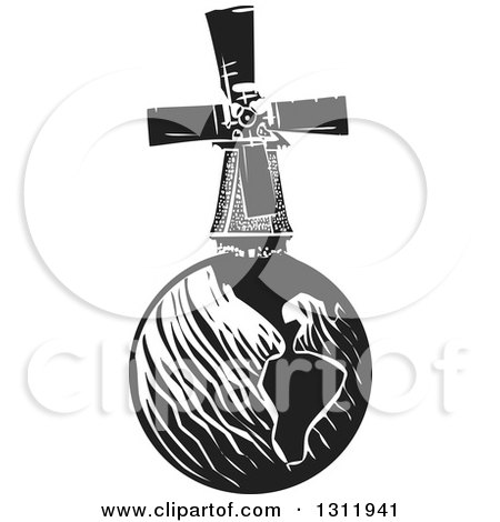 Clipart of a Black and White Woodcut Dutch Windmill on Planet Earth - Royalty Free Vector Illustration by xunantunich