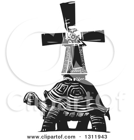Clipart of a Black and White Woodcut Dutch Windmill on the Back of a Tortoise - Royalty Free Vector Illustration by xunantunich