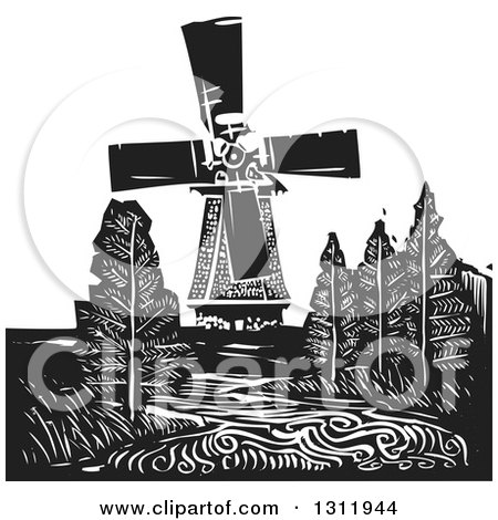 Clipart of a Black and White Woodcut Dutch Windmill with Trees and a River - Royalty Free Vector Illustration by xunantunich