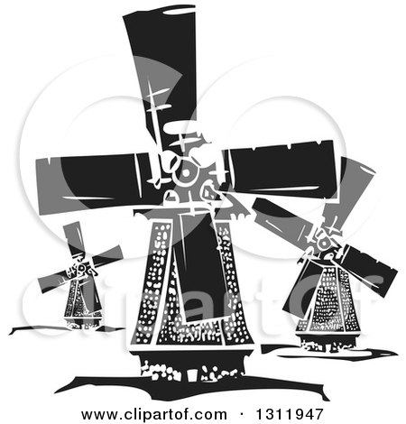 Clipart of Black and White Woodcut Dutch Windmills - Royalty Free Vector Illustration by xunantunich