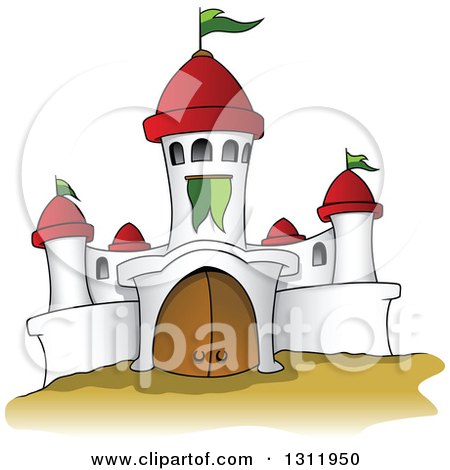 Clipart of a Cartoon White Castle with Red Turrets and Green Flags - Royalty Free Vector Illustration by dero