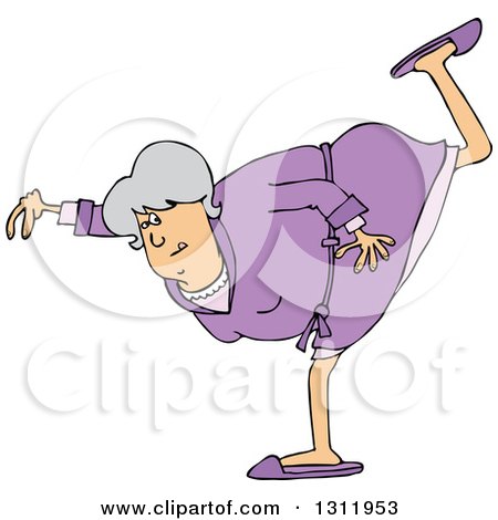 Clipart of a Cartoon Chubby Senior White Woman in a Purple Robe, Balancing on One Foot - Royalty Free Vector Illustration by djart