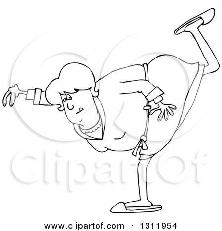 Lineart Clipart of a Cartoon Black and White Chubby Senior Woman in a Robe, Balancing on One Foot - Royalty Free Outline Vector Illustration by djart