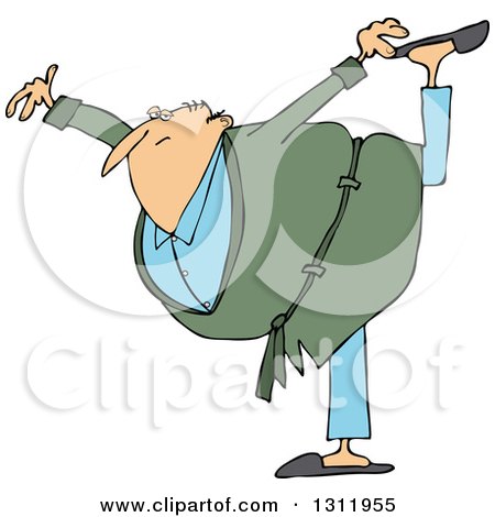 Clipart of a Cartoon Chubby Senior White Man in a Green Robe, Balancing on One Foot - Royalty Free Vector Illustration by djart