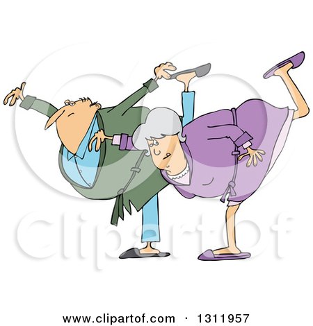 Clipart of a Cartoon Chubby Senior Couple in Robes, Balancing on One Foot - Royalty Free Vector Illustration by djart