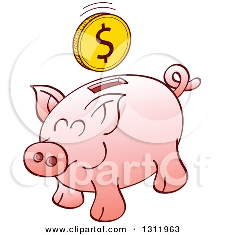 Clipart of a Cartoon Pink Piggy Bank with a Dollar Coin over the Slot - Royalty Free Vector Illustration by Zooco