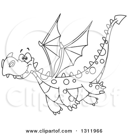 Lineart Clipart of a Black and White Happy Flying Dragon - Royalty Free Outline Vector Illustration by yayayoyo