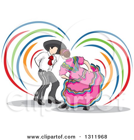 Clipart of a Sketch of Spanish Folk Dancers with Colorful Swooshes - Royalty Free Vector Illustration by David Rey