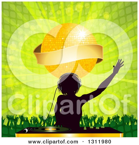 Clipart of a Silhouetted Female Dj Wearing Headphones over a Record Deco, Under a Gold Disco Ball with Banner, Dancing Crowd and Green Burst - Royalty Free Vector Illustration by elaineitalia