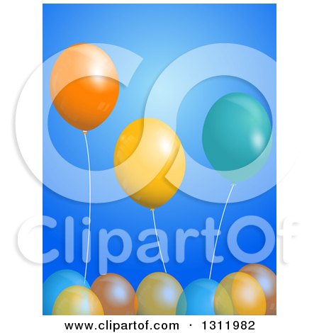 Clipart of a Background of 3d Party Balloons over Blue - Royalty Free Vector Illustration by elaineitalia