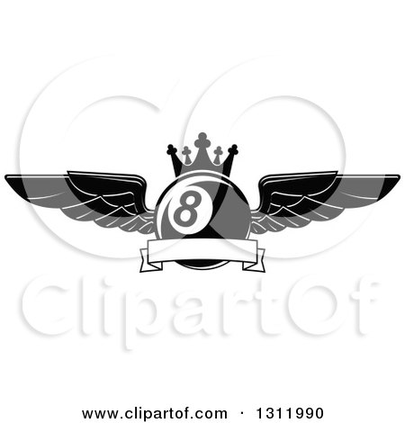 Clipart of a Black and White Winged and Crowned Eightball with a Blank Ribbon Banner - Royalty Free Vector Illustration by Vector Tradition SM