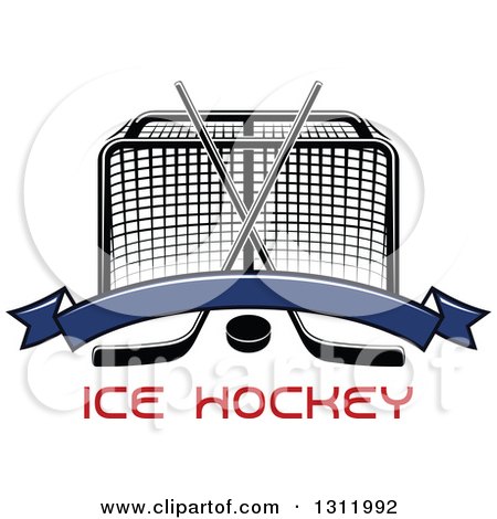 Clipart of a Black and White Hockey Goal Post with Crossed Sticks, a Puck and Blank Blue Banner over Red Text - Royalty Free Vector Illustration by Vector Tradition SM