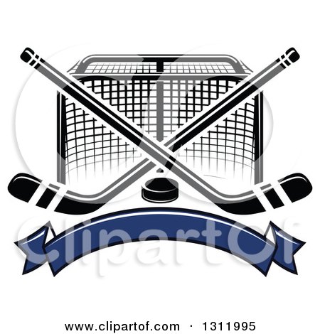 Clipart of a Black and White Hockey Goal Post with Crossed Sticks, a Puck and Blank Blue Banner - Royalty Free Vector Illustration by Vector Tradition SM