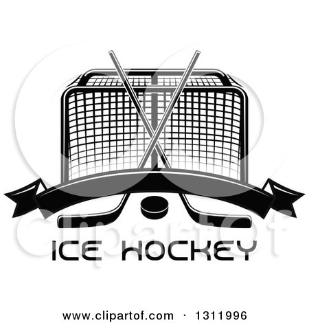 Clipart of a Black and White Hockey Goal Post with Crossed Sticks, a Puck and Blank Banner over Text - Royalty Free Vector Illustration by Vector Tradition SM