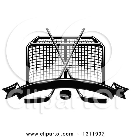Clipart of a Black and White Hockey Goal Post with Crossed Sticks, a Puck and Blank Banner - Royalty Free Vector Illustration by Vector Tradition SM