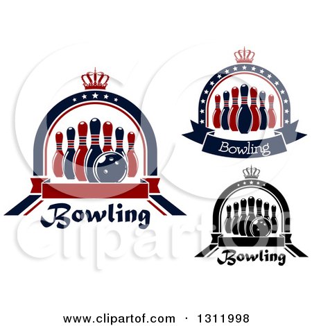 Clipart of Bowling Pins and Balls in Star Arches with Banners and Text - Royalty Free Vector Illustration by Vector Tradition SM