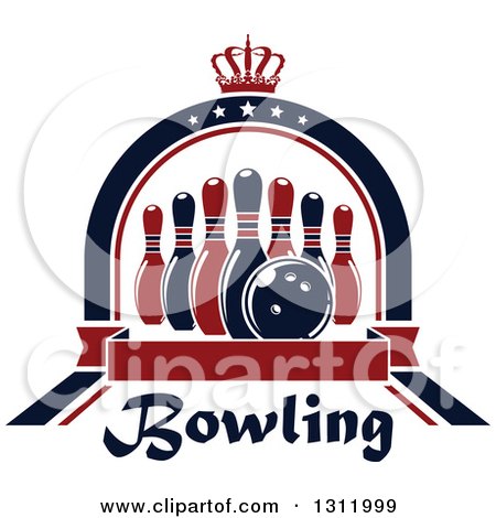 Clipart of Navy Blue and Red Bowling Pins and Ball in a Star Arch with a Crown and Blank Red Banner over Text - Royalty Free Vector Illustration by Vector Tradition SM