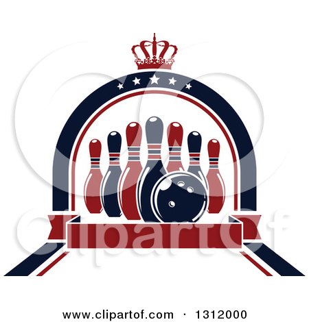 Clipart of Navy Blue and Red Bowling Pins and Ball in a Star Arch with a Crown and Blank Red Banner - Royalty Free Vector Illustration by Vector Tradition SM