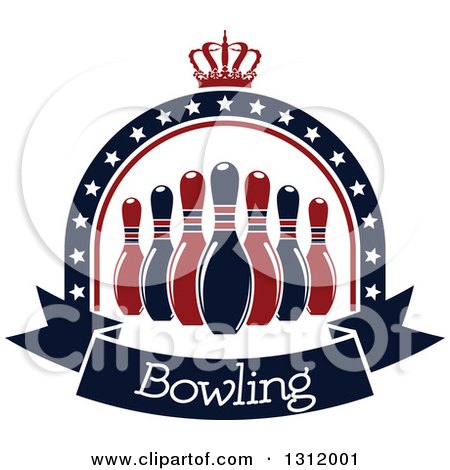 Clipart of Navy Blue and Red Bowling Pins in a Star Arch with a Crown and Text Banner - Royalty Free Vector Illustration by Vector Tradition SM