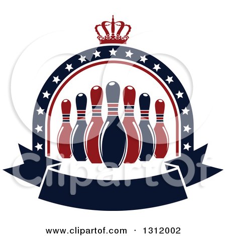 Clipart of Navy Blue and Red Bowling Pins in a Star Arch with a Crown and Blank Banner - Royalty Free Vector Illustration by Vector Tradition SM
