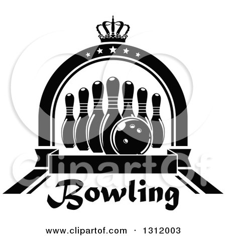 Clipart of Black and White Bowling Pins and Ball in a Star Arch with a Crown and Blank Banner over Text - Royalty Free Vector Illustration by Vector Tradition SM